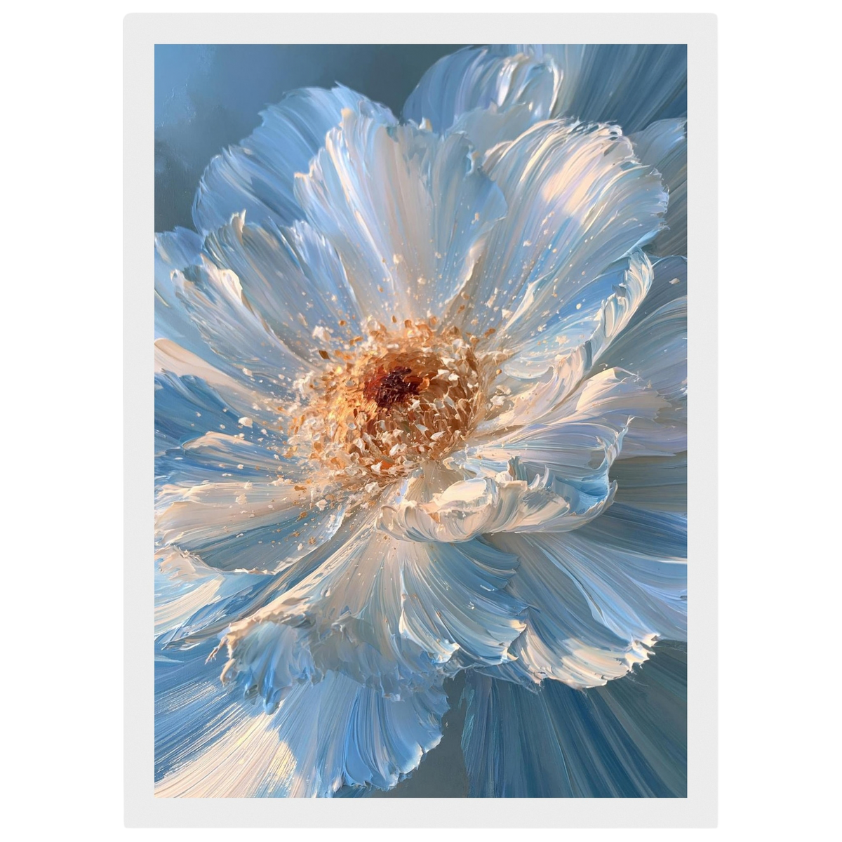 Blue impasto flower, print in a white frame