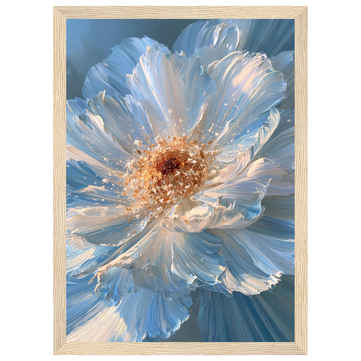 Blue impasto flower, print in a natural wood frame