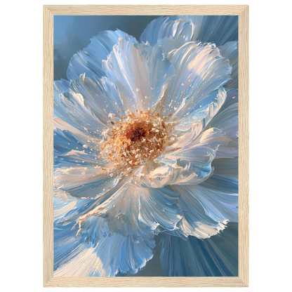 Blue impasto flower, print in a natural wood frame