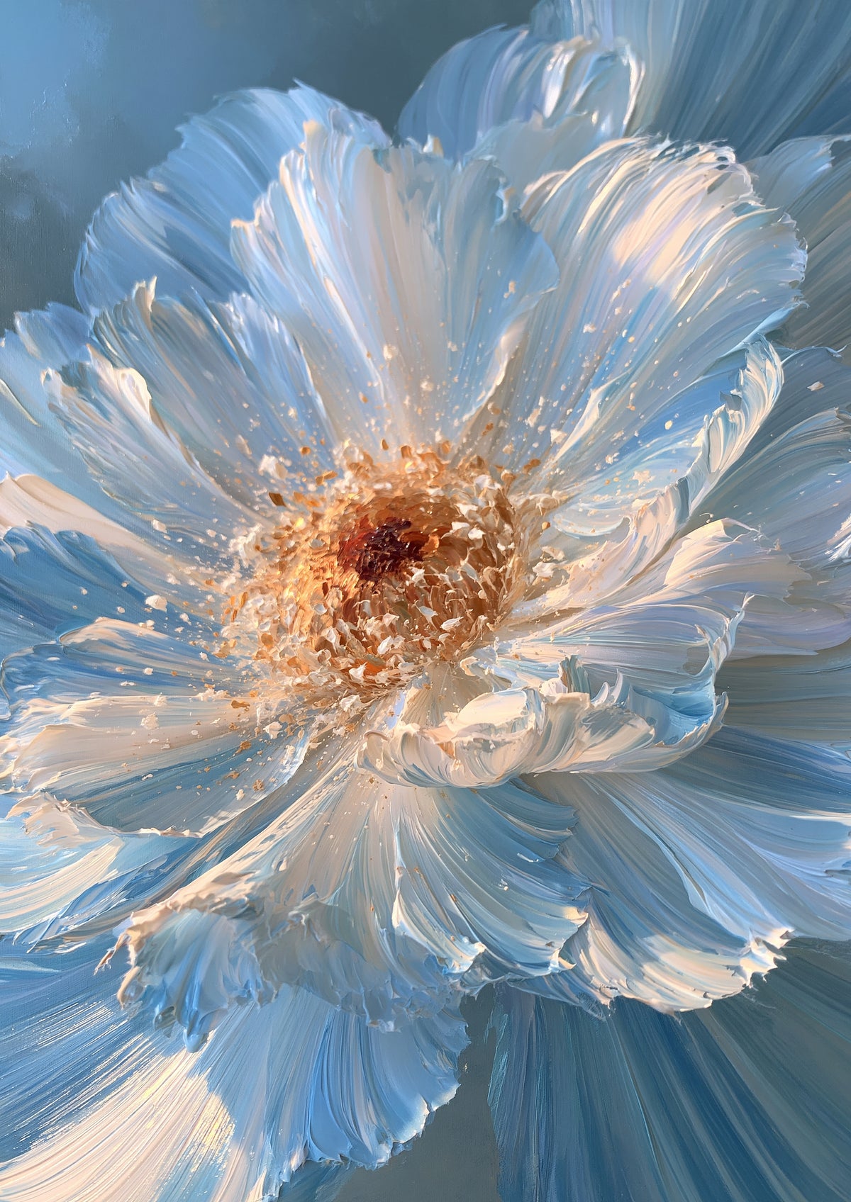 A single monumental flower in thick sculpted strokes of powder blue and ivory, a burst of gold stamens at its centre against radiating streaks of steel blue