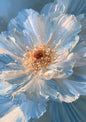 A single monumental flower in thick sculpted strokes of powder blue and ivory, a burst of gold stamens at its centre against radiating streaks of steel blue