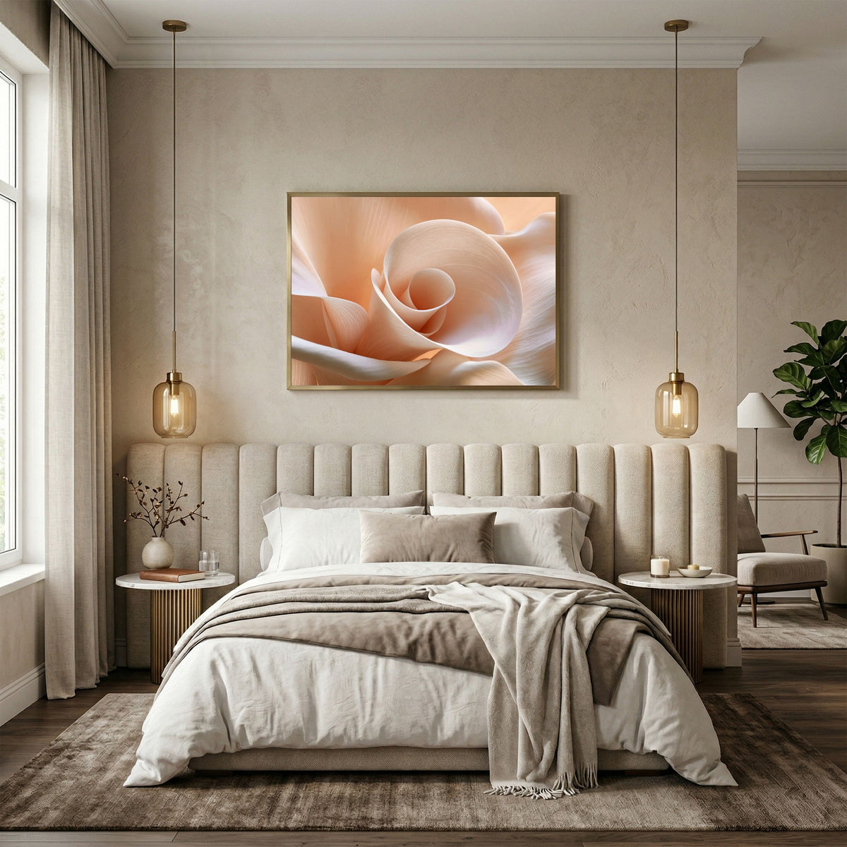 Blush Petal Spiral, in a natural wood frame above a cream upholstered headboard in a neutral bedroom