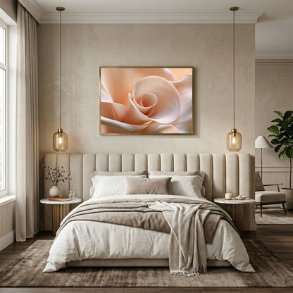 Blush Petal Spiral, in a natural wood frame above a cream upholstered headboard in a neutral bedroom
