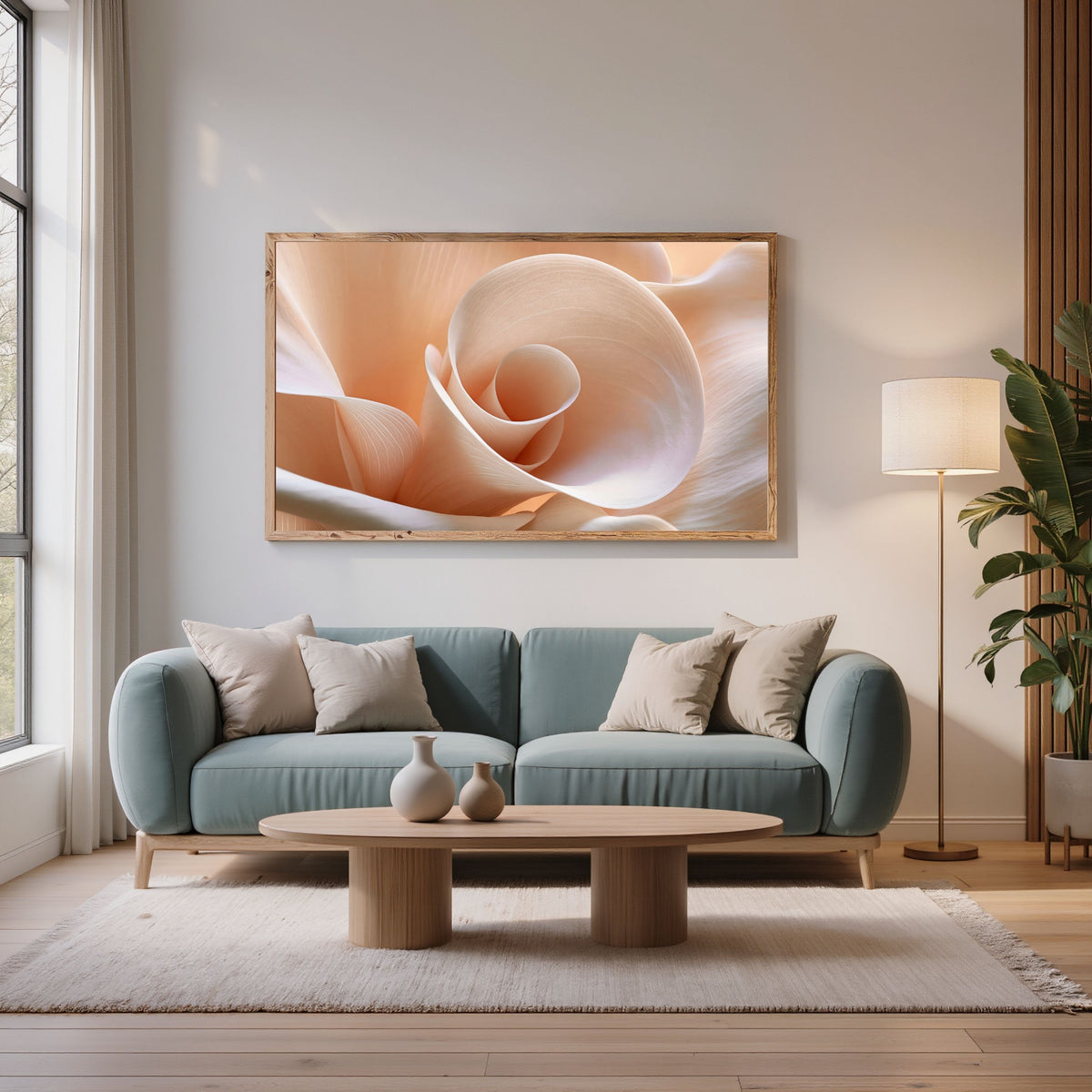 Blush Petal Spiral, in a natural wood frame above a sage green sofa in a bright living room