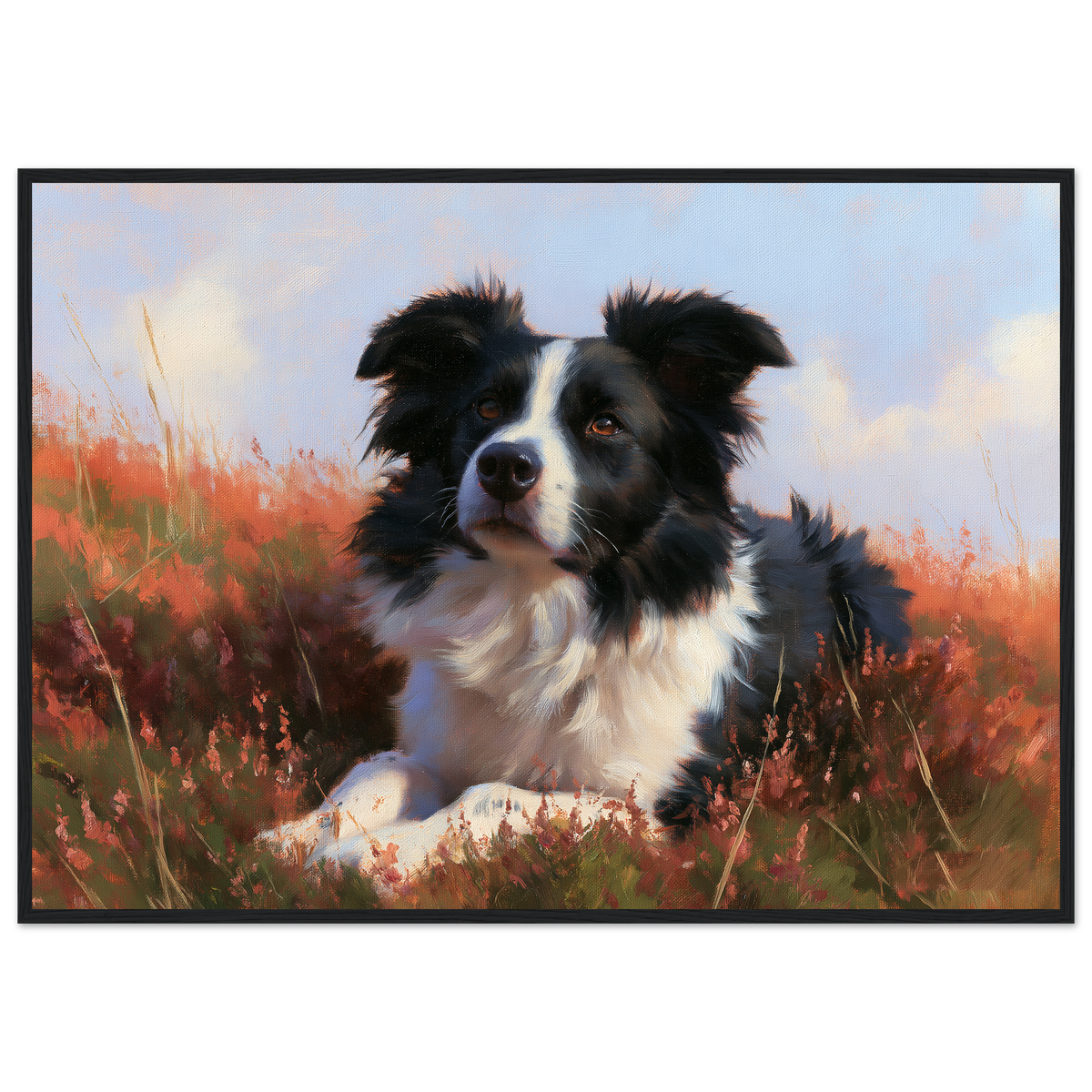 Border collie lying in flowering heather, print in a black frame