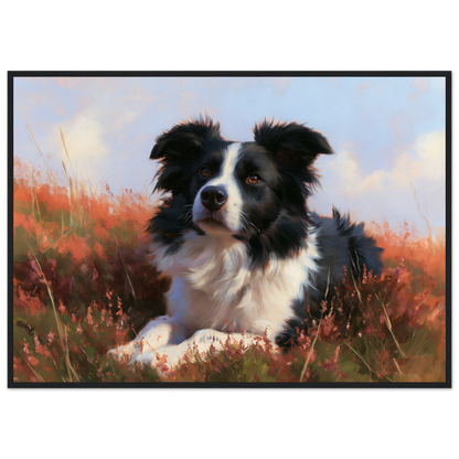 Border collie lying in flowering heather, print in a black frame