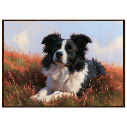 Border collie lying in flowering heather, print in a dark wood frame