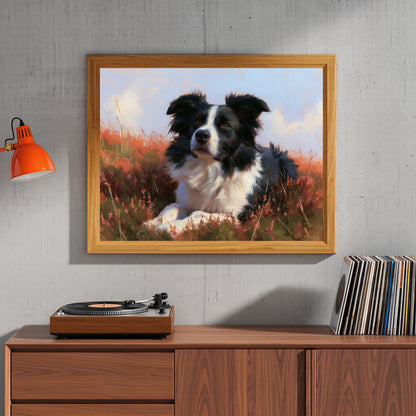 Border collie lying in flowering heather, in a natural wood frame above a walnut sideboard with a record player and vinyl in a living room