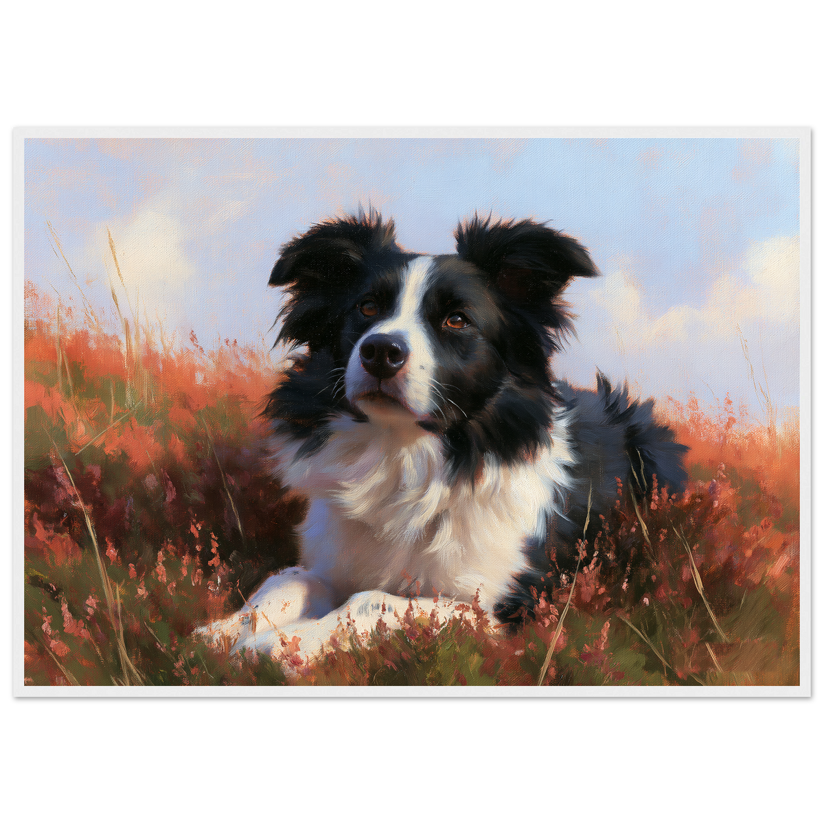 Border collie lying in flowering heather, print in a white frame