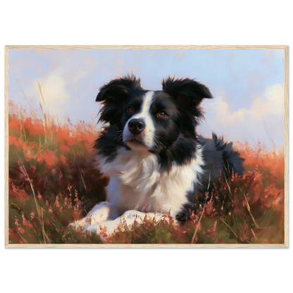Border collie lying in flowering heather, print in a natural wood frame