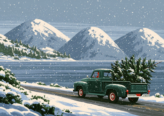An old green pickup carrying a fir tree along a snowy road beside a loch, snow-capped hills behind and snow falling, in flat mid-century poster style