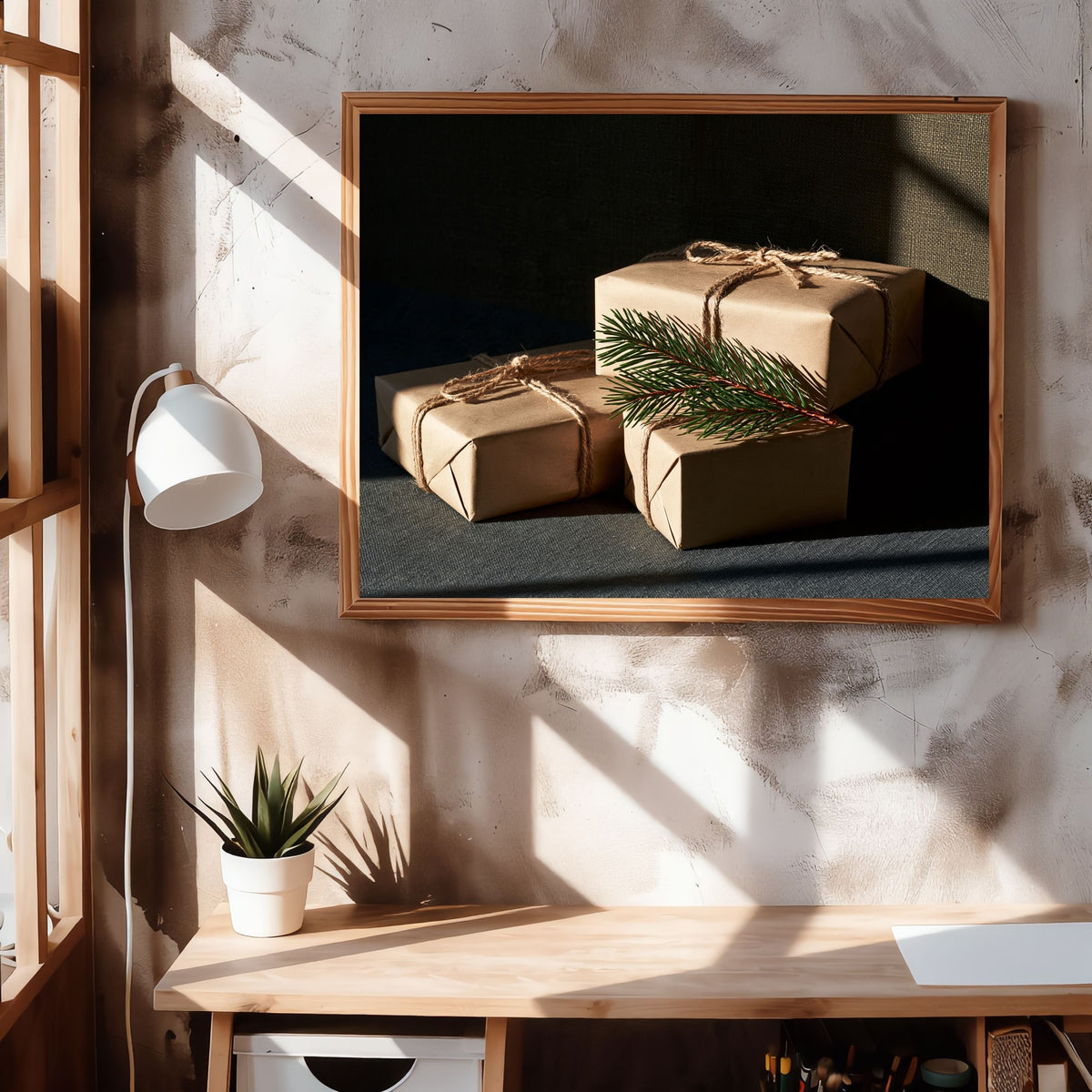 Kraft paper parcels tied with jute twine, in a light wood frame above a desk with a wall light and a small plant in a home office