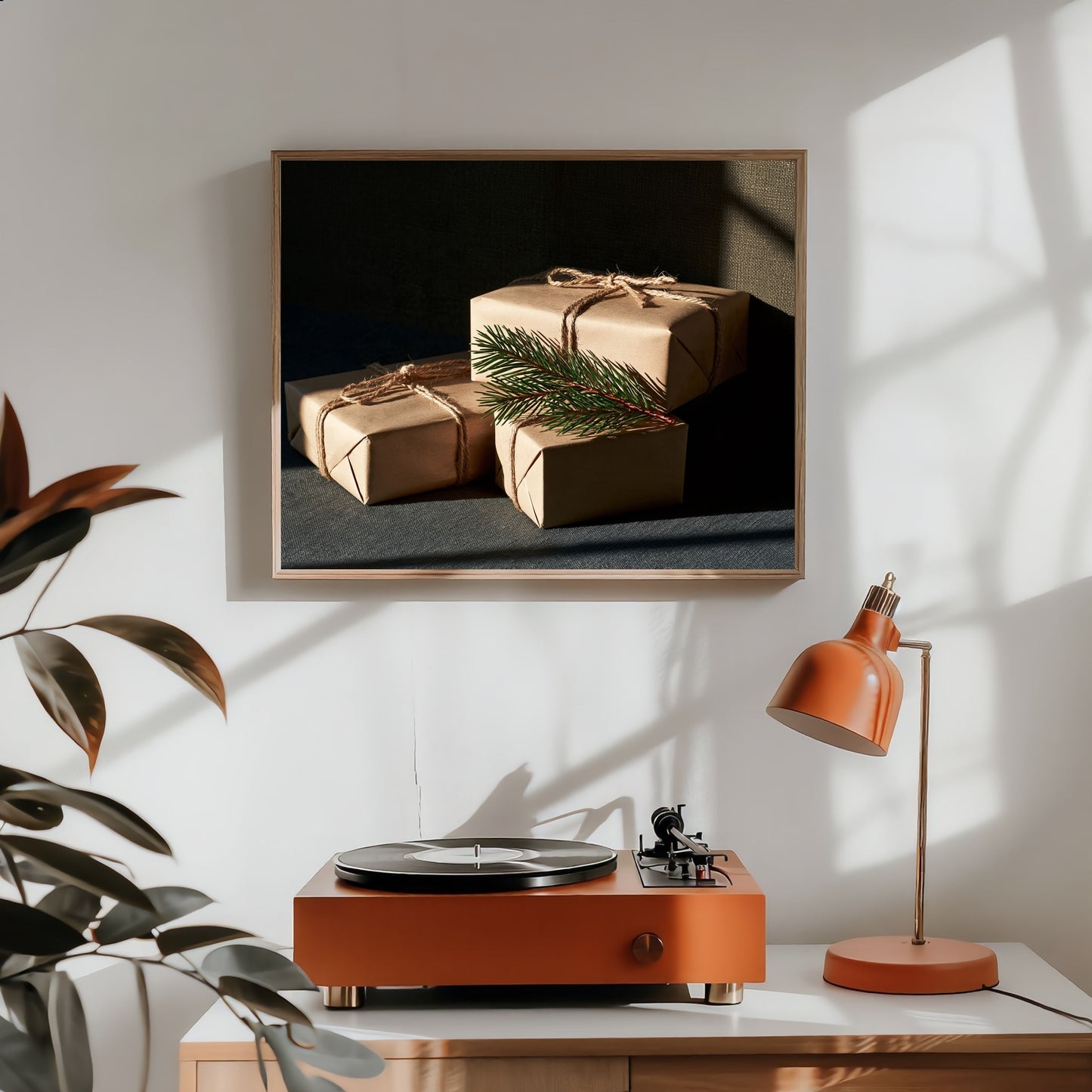 Kraft paper parcels tied with jute twine, in a light wood frame on a white wall above a sideboard with a record player