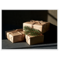 Kraft paper parcels tied with jute twine and spruce, print in a white frame