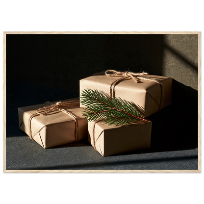 Kraft paper parcels tied with jute twine and spruce, print in a natural wood frame