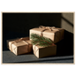 Kraft paper parcels tied with jute twine and spruce, print in a natural wood frame