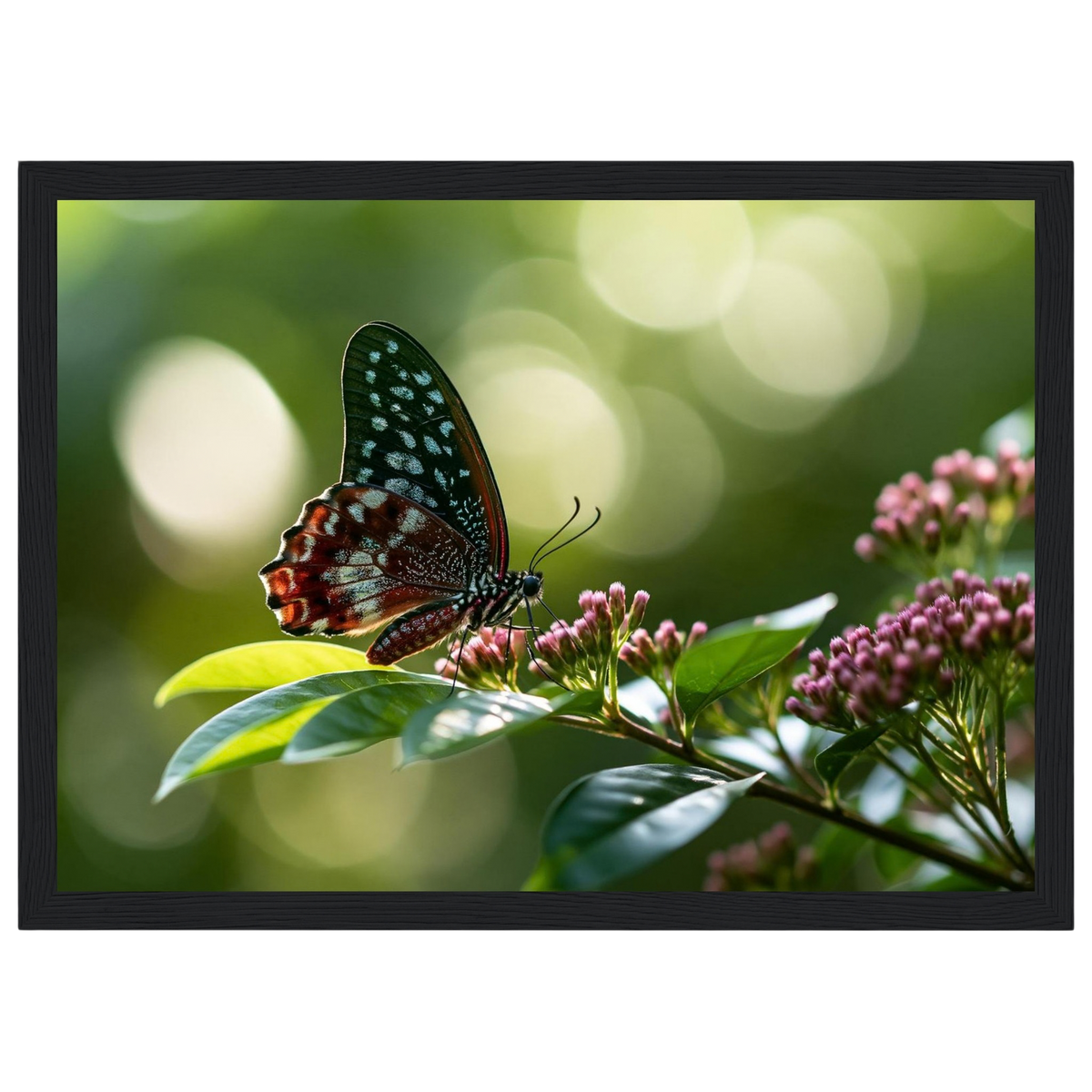 Butterfly on Pink Blossom, print in a black frame