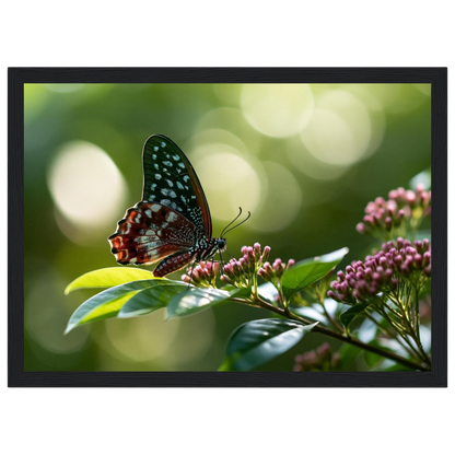 Butterfly on Pink Blossom, print in a black frame