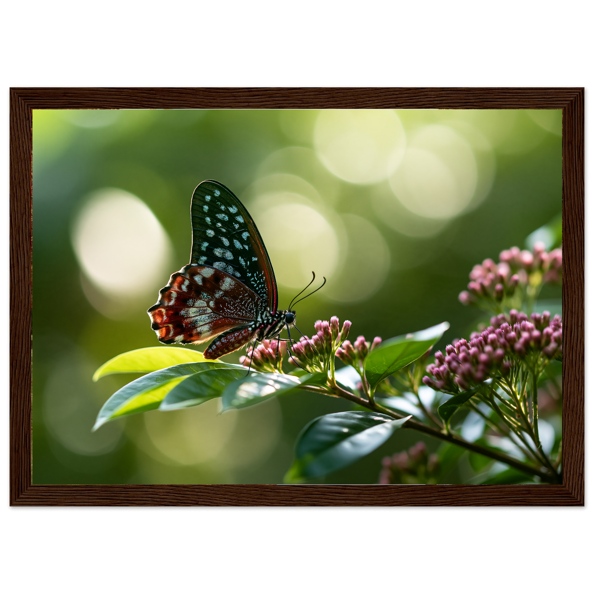 Butterfly on Pink Blossom, print in a dark wood frame