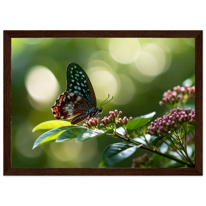 Butterfly on Pink Blossom, print in a dark wood frame