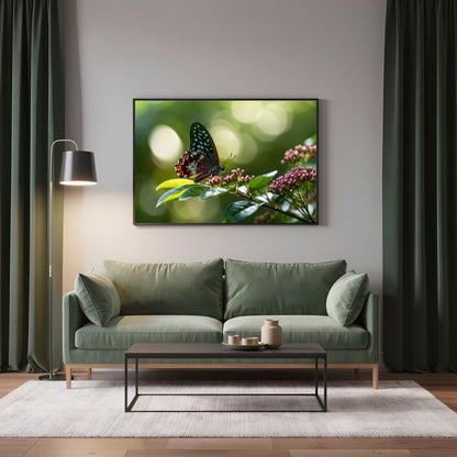 Butterfly on Pink Blossom, in a black frame above a sage green sofa in a living room with dark curtains