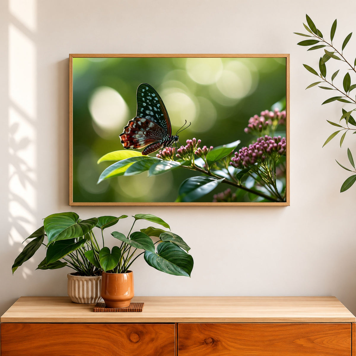 Butterfly on Pink Blossom, in a natural wood frame above a wooden sideboard with potted plants