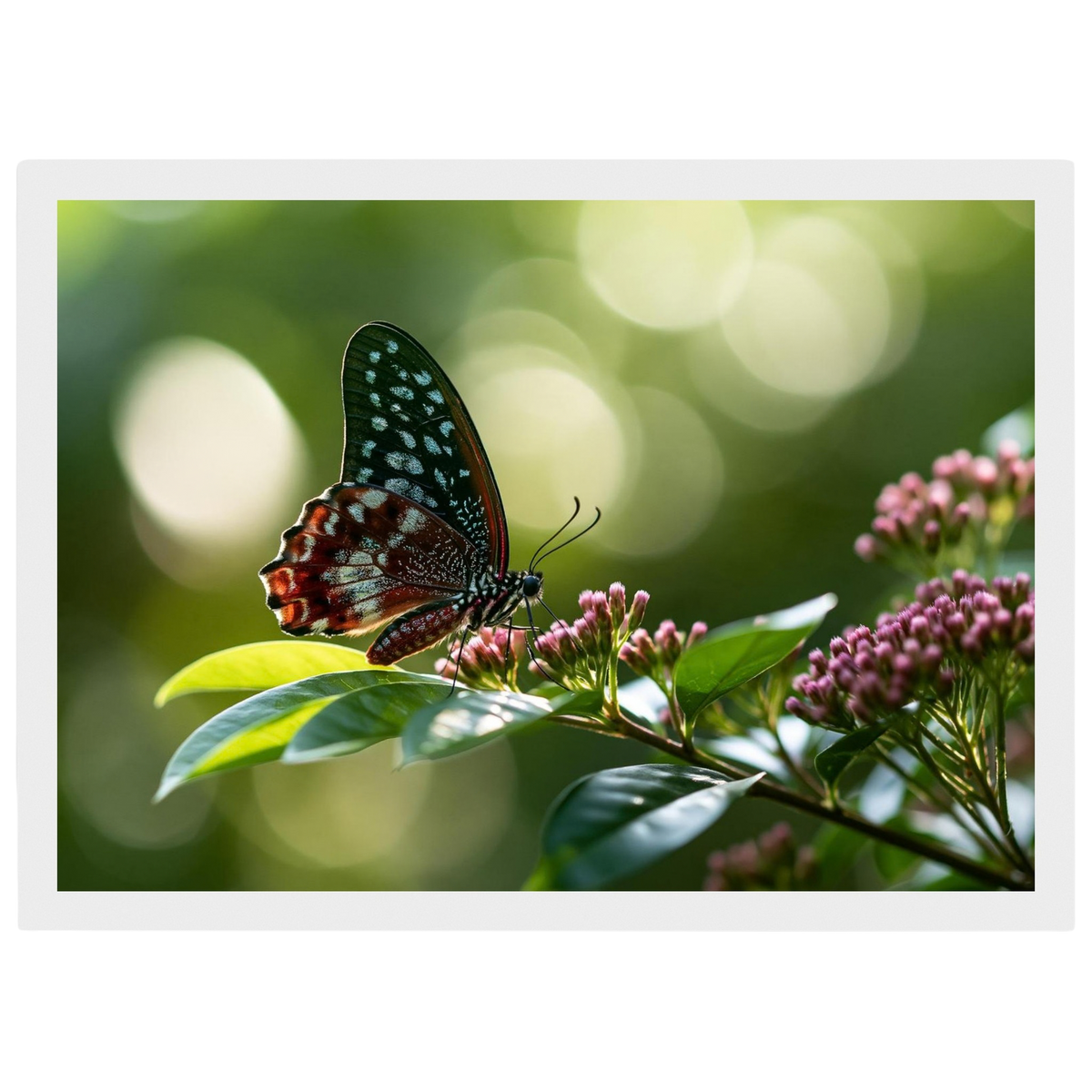 Butterfly on Pink Blossom, print in a white frame