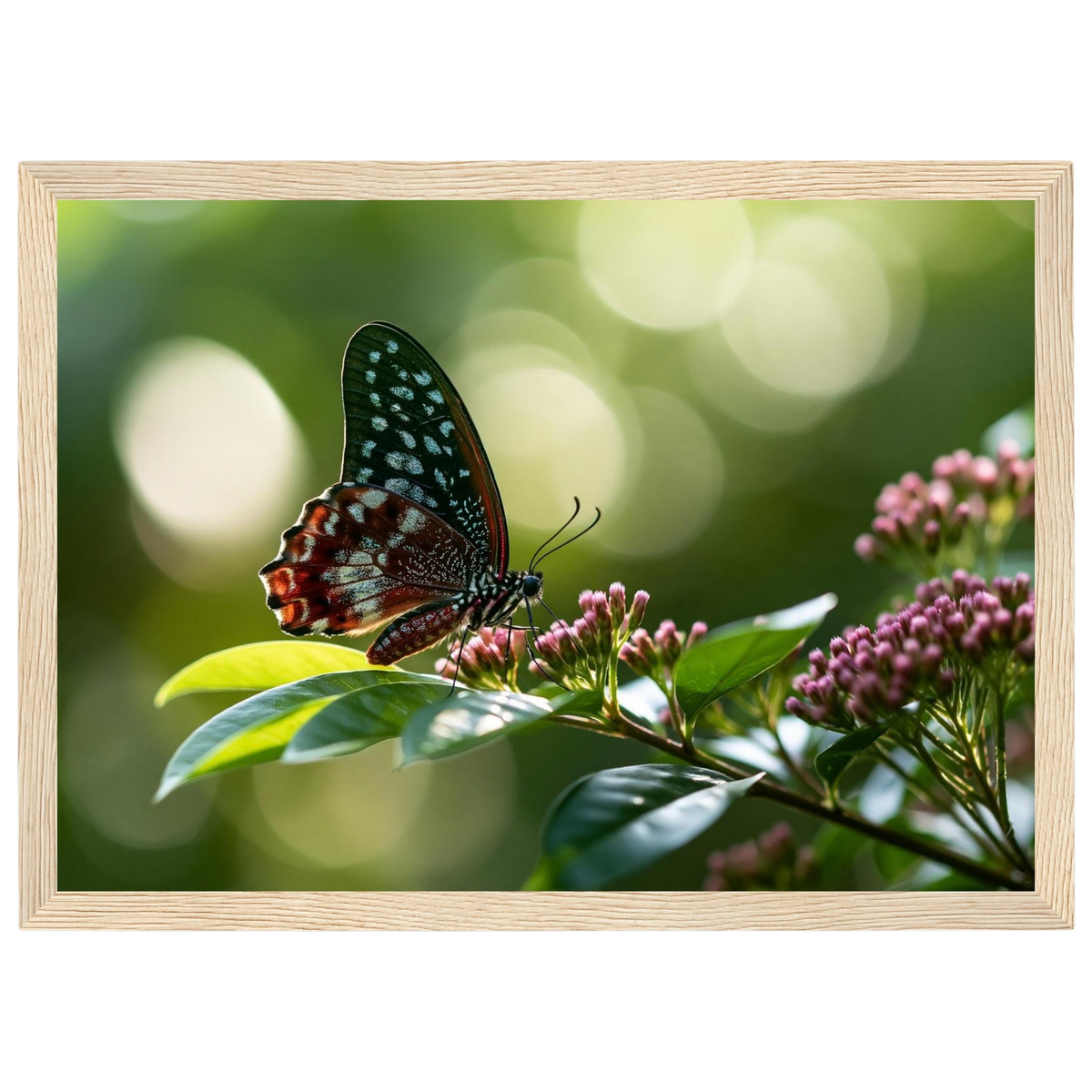 Butterfly on Pink Blossom, print in a natural wood frame