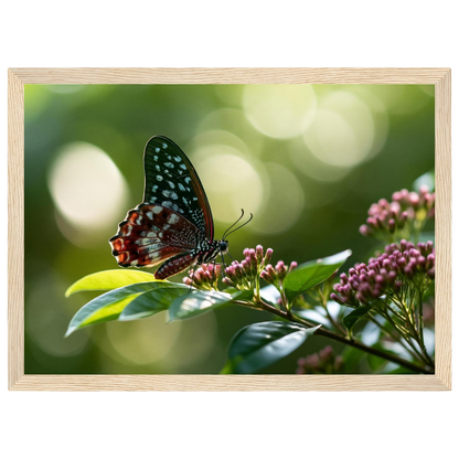 Butterfly on Pink Blossom, print in a natural wood frame