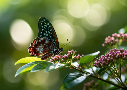 A butterfly with a blue-black upper wing spotted in pale blue and a rust-red forewing, at rest on a head of small pink buds among dark glossy leaves, backlit against soft green