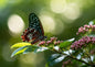 A butterfly with a blue-black upper wing spotted in pale blue and a rust-red forewing, at rest on a head of small pink buds among dark glossy leaves, backlit against soft green