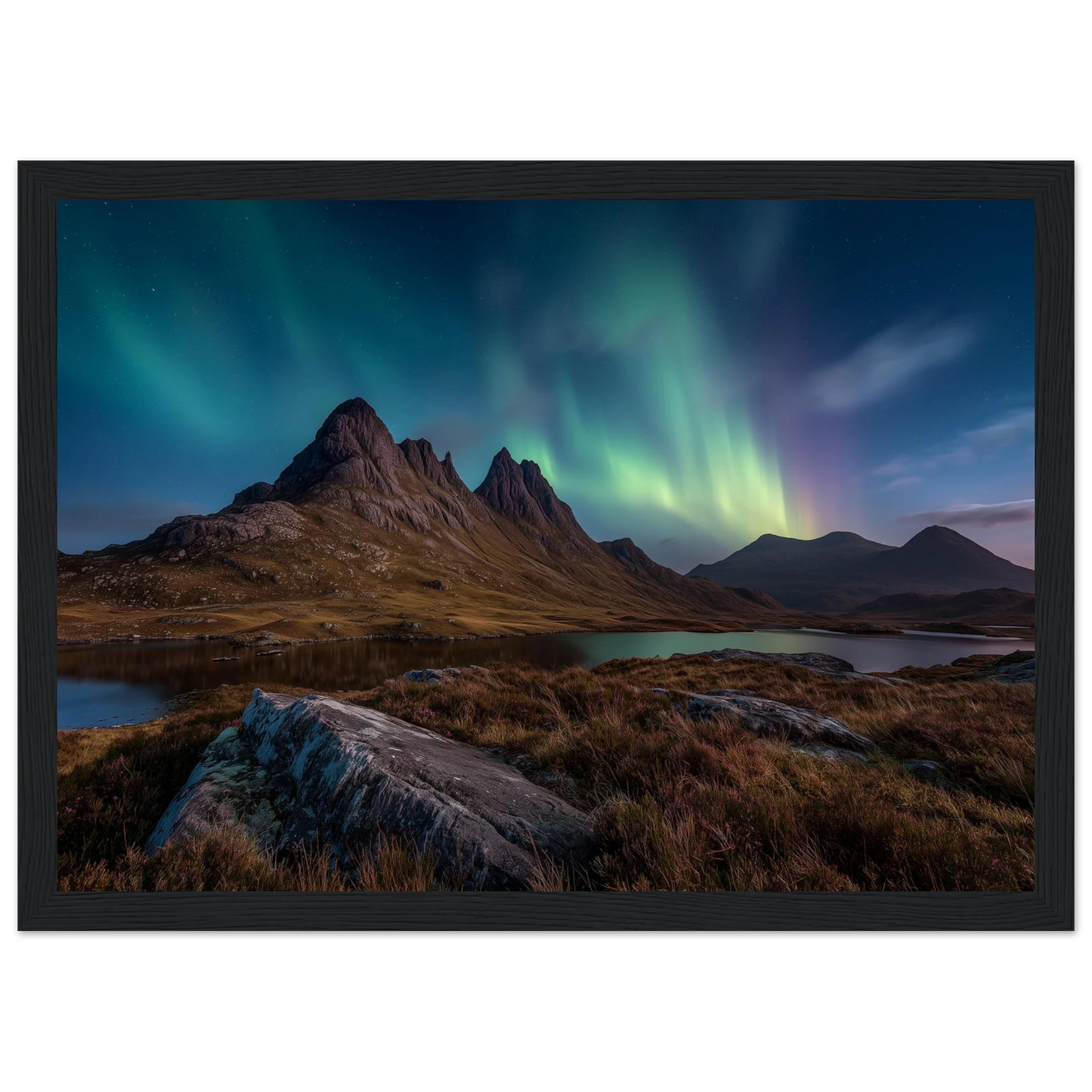 Mirrie Dancers over a dark Highland peak, framed in charcoal