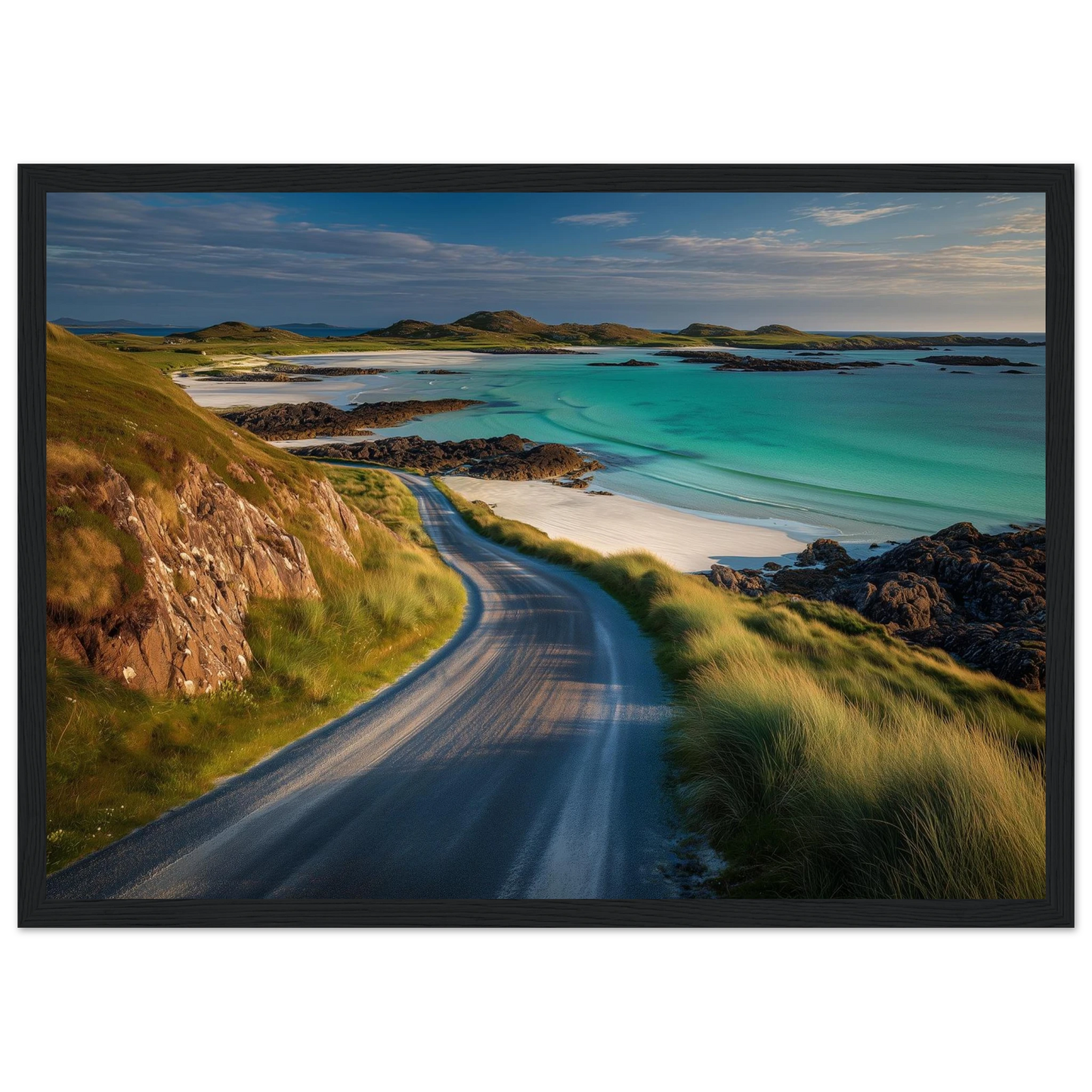 Turquoise water and machair beside a single-track road, framed in charcoal