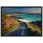Turquoise water and machair beside a single-track road, framed in charcoal