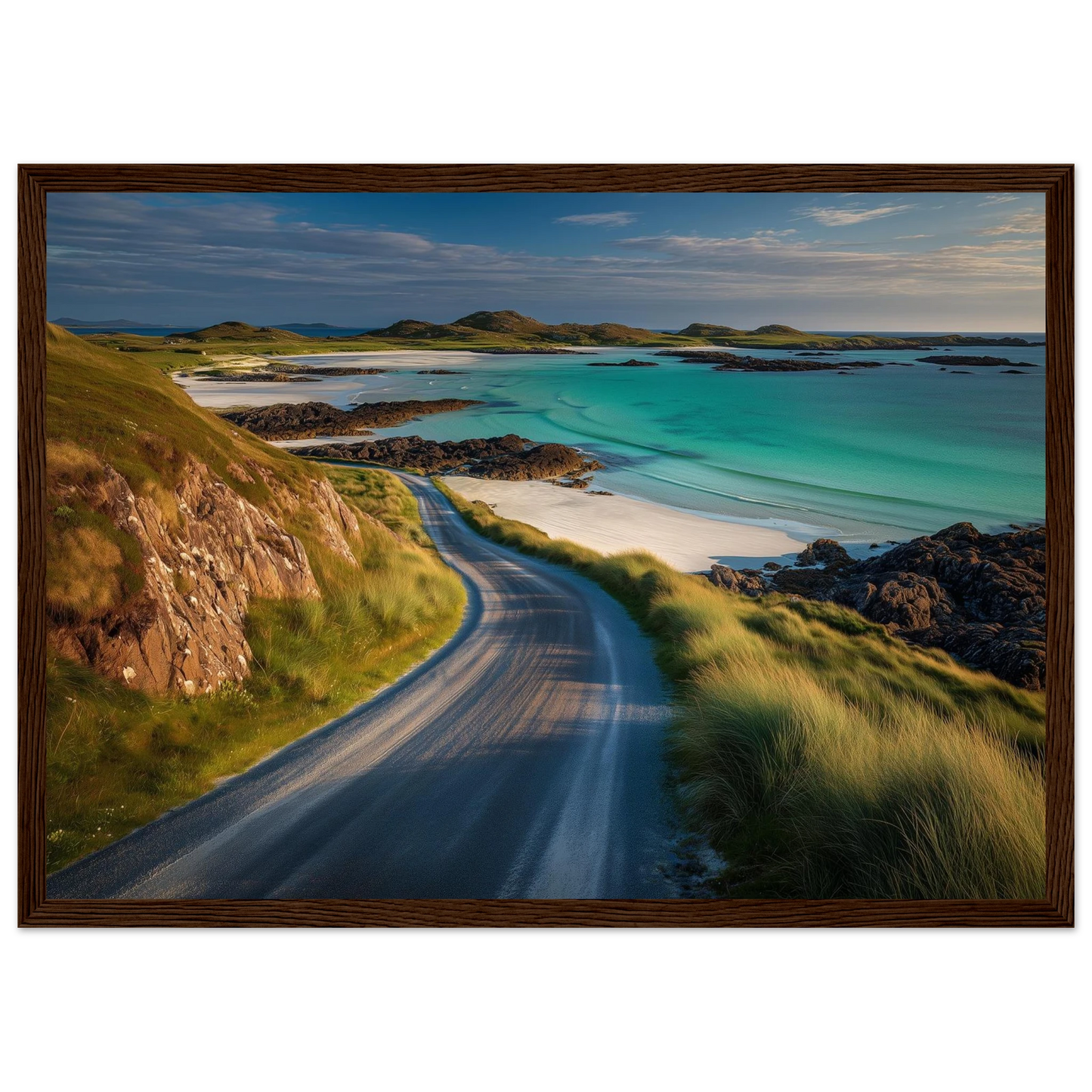 Single-track road above a turquoise bay, in a wide dark brown wood frame