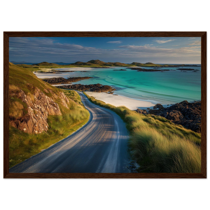 Single-track road above a turquoise bay, in a wide dark brown wood frame