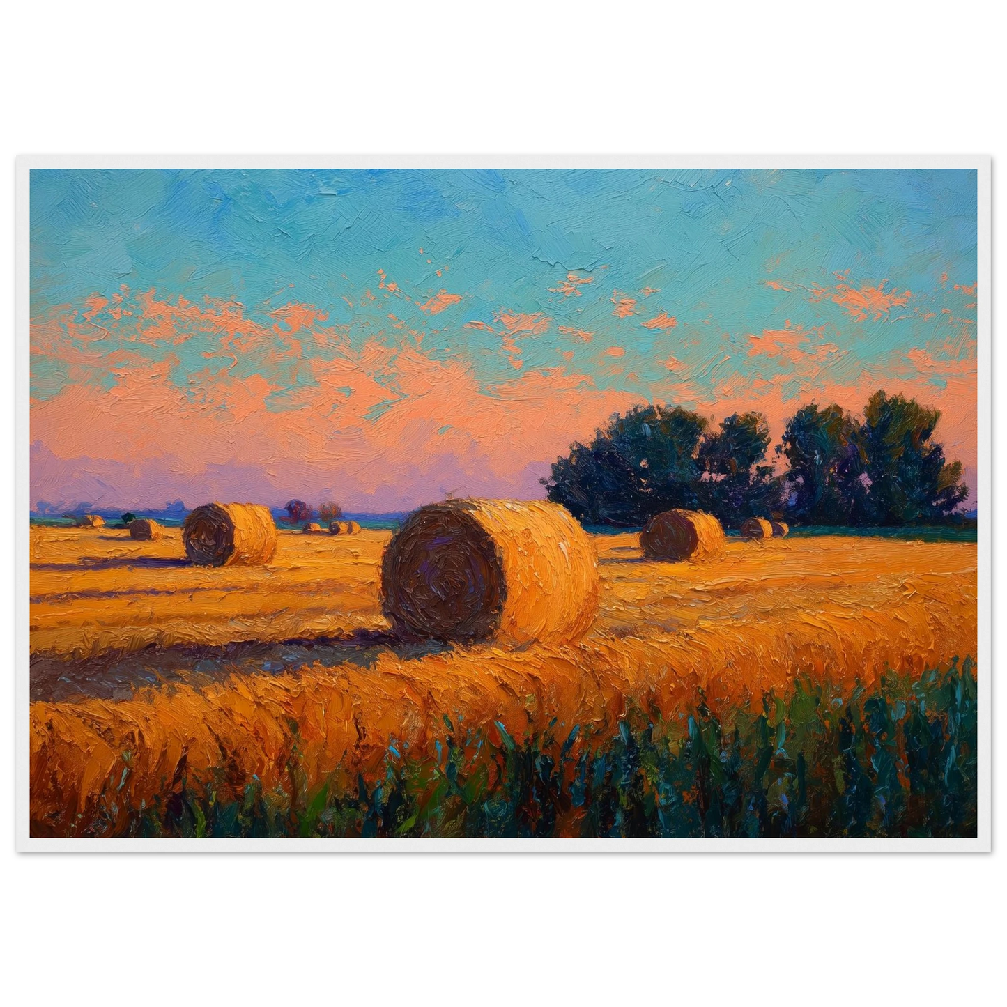 Harvest field at sunset in thick impasto brushwork, framed in white with a wide mount
