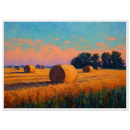 Harvest field at sunset in thick impasto brushwork, framed in white with a wide mount