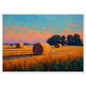 Harvest field at sunset in thick impasto brushwork, framed in white with a wide mount