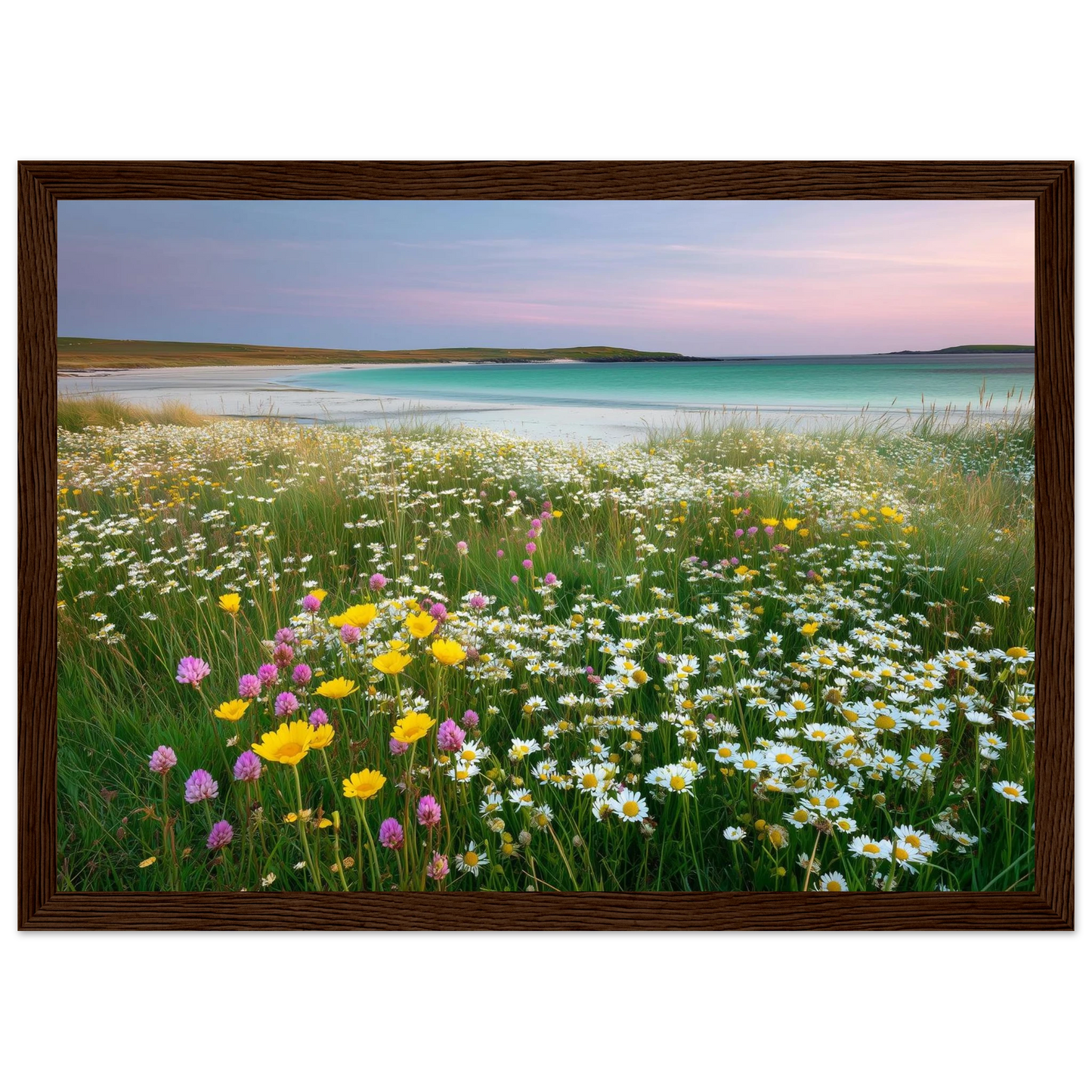 Machair wildflower meadow print in a dark brown wood frame