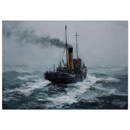 Small steamer and wind-flattened smoke in heavy swell, framed in pale natural wood