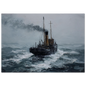 Small steamer and wind-flattened smoke in heavy swell, framed in pale natural wood