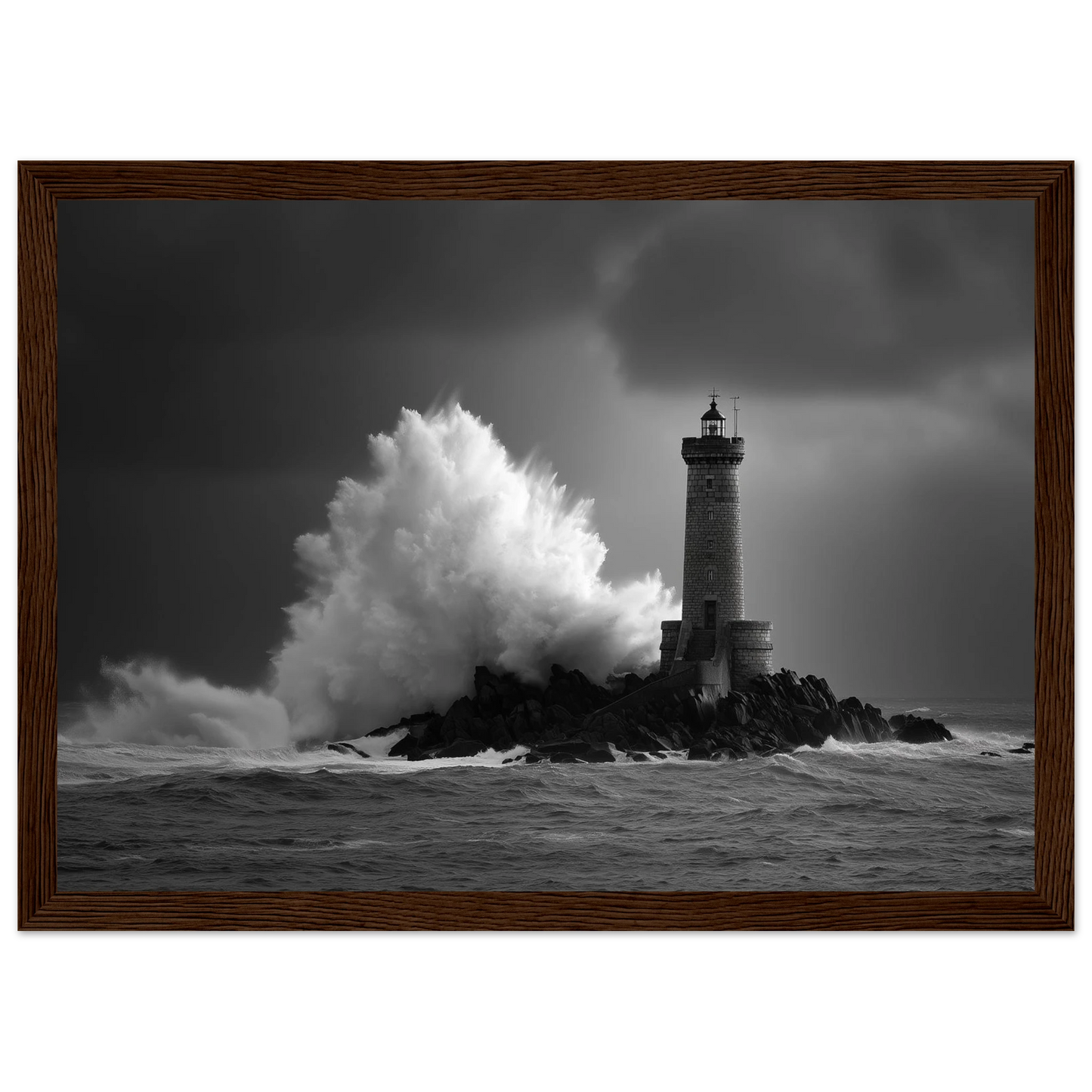 Lighthouse and heavy sea in black and white, framed in dark walnut
