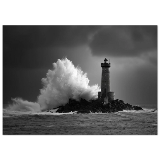 A wave bursting white over a lone stone lighthouse on a dark reef in a heavy sea, black and white, print in a slim dark frame
