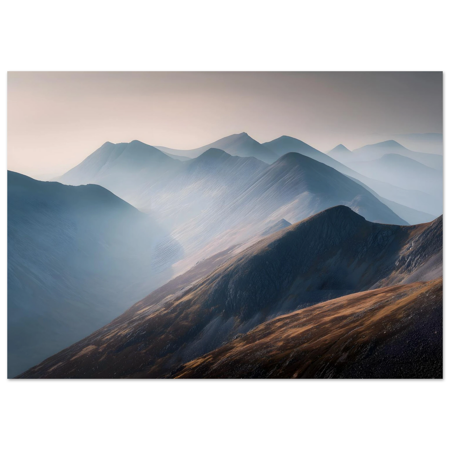 Layered Scottish Highland ridges receding into morning mist, copper bracken in the foreground against pale blue distance, in a slim dark frame