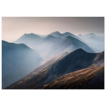 Layered Scottish Highland ridges receding into morning mist, copper bracken in the foreground against pale blue distance, in a slim dark frame