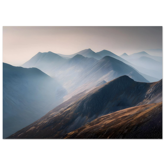 Layered Scottish Highland ridges receding into morning mist, copper bracken in the foreground against pale blue distance, in a slim dark frame