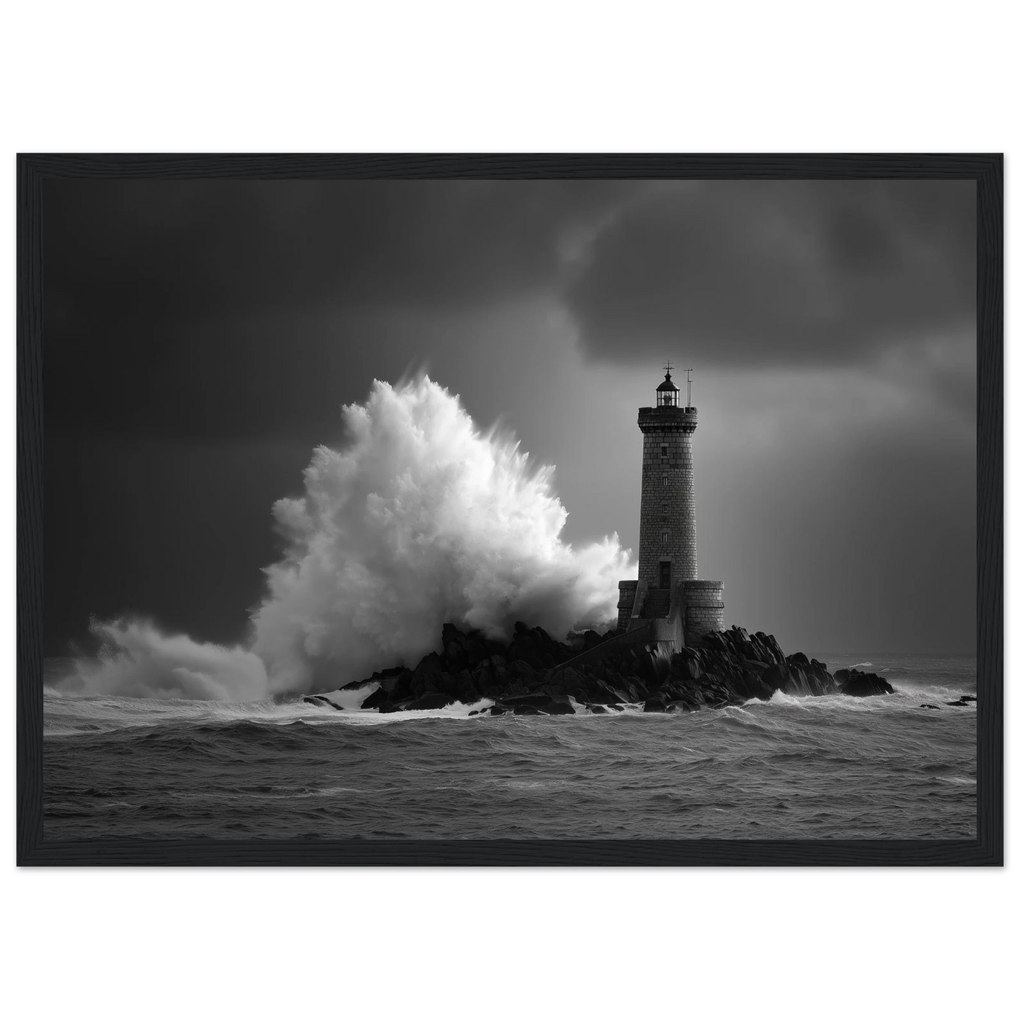 Lighthouse on a dark reef with white spray rising, print in a dark grey frame