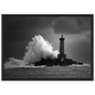 Lighthouse on a dark reef with white spray rising, print in a dark grey frame
