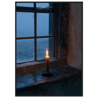 Candle burning on a stone windowsill at blue dusk, print in a black frame